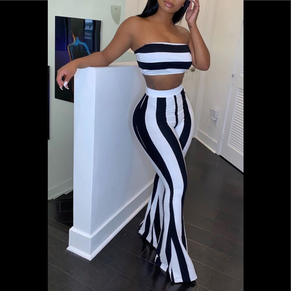 2Pc Outfit Black & White Striped Tube Top & Flare Pants Set